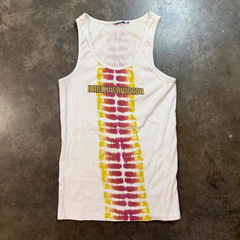 Vintage Harley Davidson Rhinestone Tie Dye Tank Top Women Large Y2K Ribbed Knit